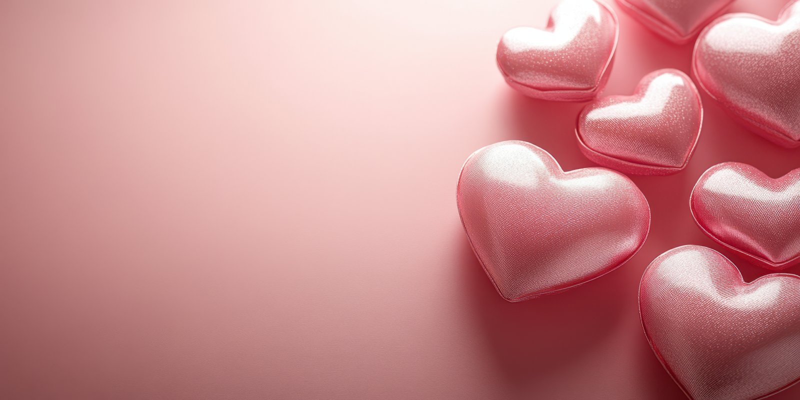 Pink heart-shaped decorations scattered on a soft pink background for a romantic occasion or celebration